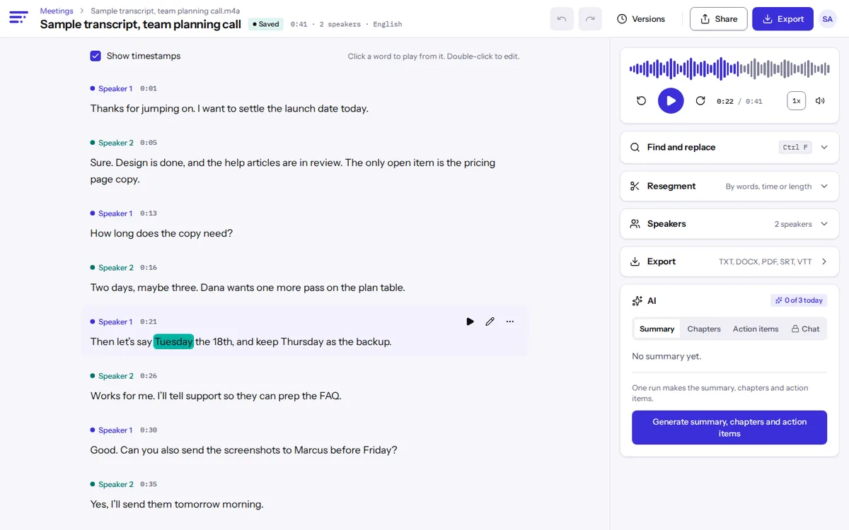The Textspert editor showing a sample transcript of a team planning call: two speakers with timestamps, the current word highlighted, the audio player, find and replace, speaker and export controls, and the AI panel.