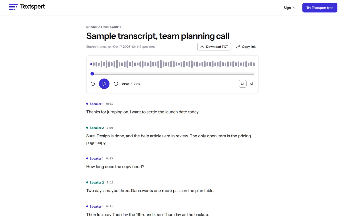 A read-only Textspert share page for a sample transcript of a team planning call, with a player, a download button and timestamped lines for two speakers.